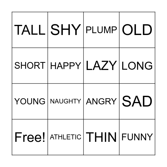 Adjectives Bingo Card