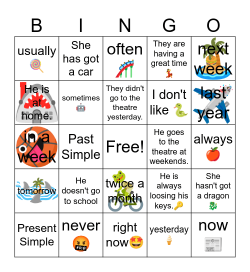 Present S/Present Cont/Past S/Future Simple Bingo Card