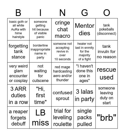 Solo FFXIV daily Roulette BINGO Card