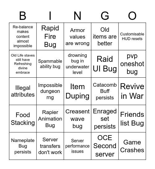 Mathias' New World S10 Problem Bingo Card