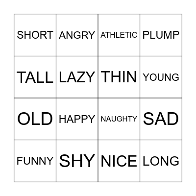 Adjectives Bingo Card