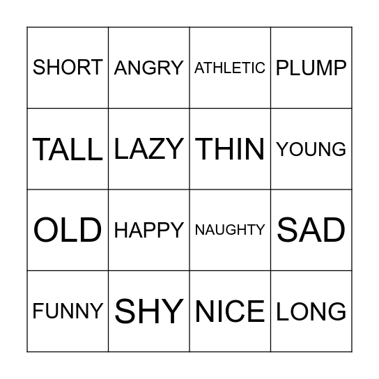 Adjectives Bingo Card