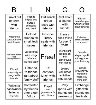Friendship Bingo Card