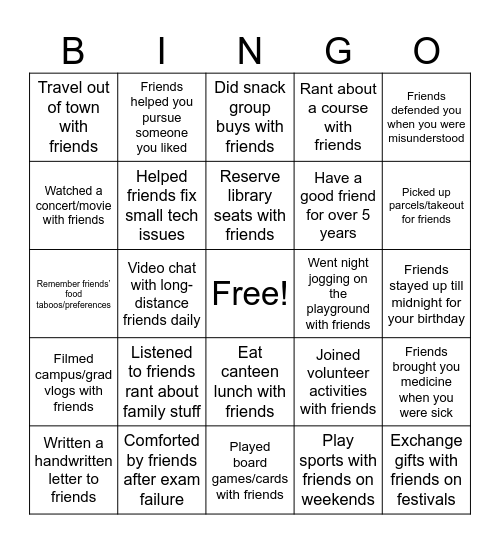 Friendship Bingo Card