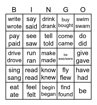 Irregular Verbs Bingo Card