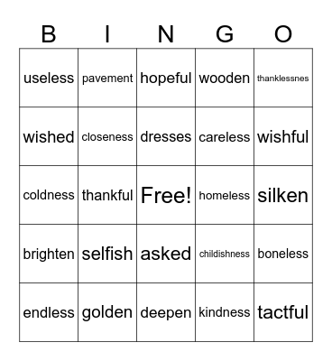 Suffixes Bingo Card