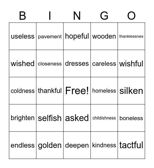 Suffixes Bingo Card