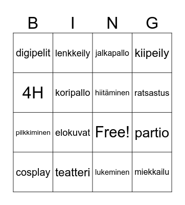 Harrastusbingo Card