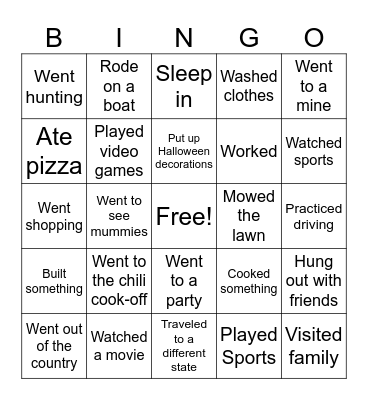 Fall Break Bingo Card