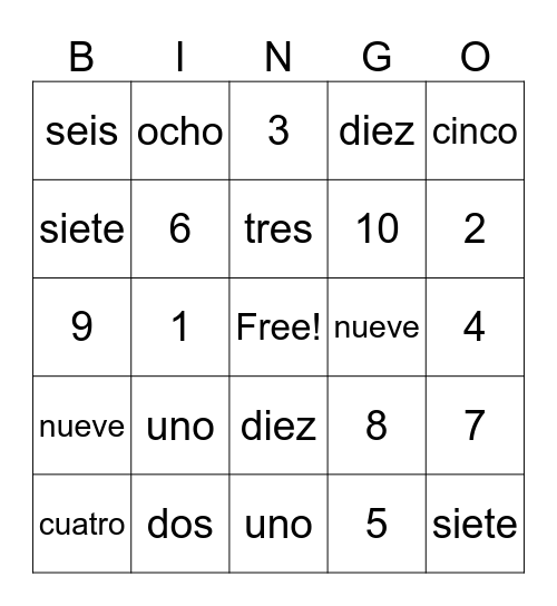 Spanish Numbers 1-10 Bingo Card