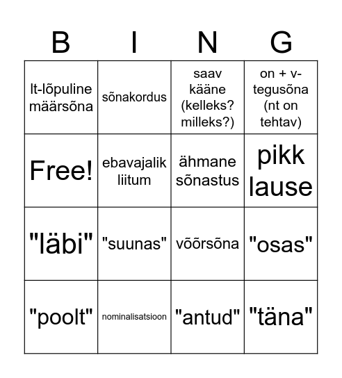 Kantseliidi bingo Card
