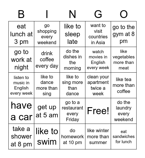 'Usual' Activities_Preferences Bingo Card