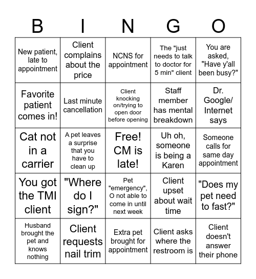 Veterinary Receptionist Bingo Card