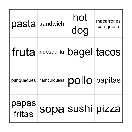 Comida Bingo Card