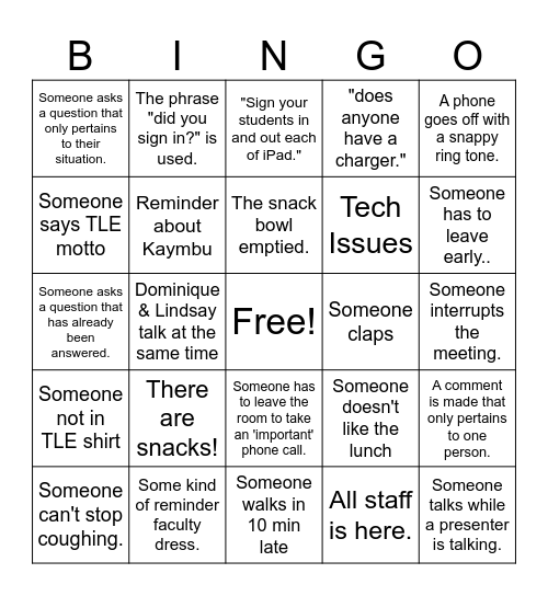 STAFF MEETING Bingo Card
