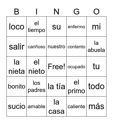 Que Chevere 1 4A Vocabulario Bingo Card