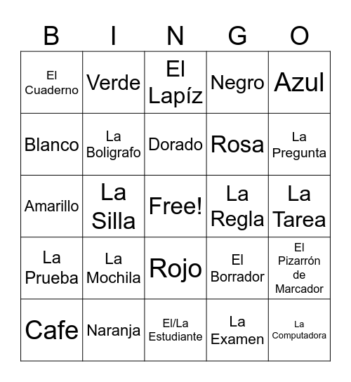 Unit 2 Vocabulario Bingo Card