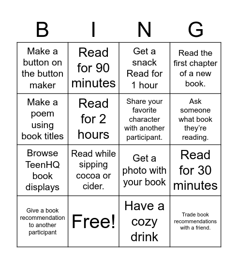 Fall Break Read-In BINGO Card