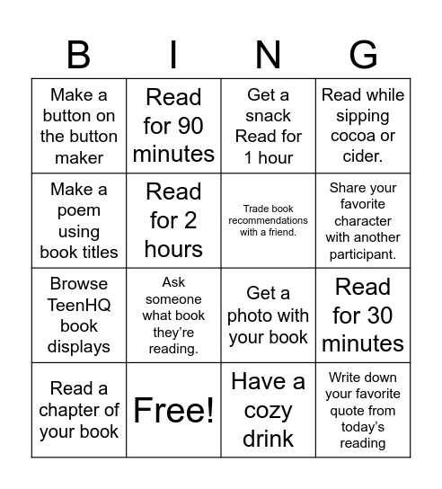 Fall Break Read-In BINGO Card