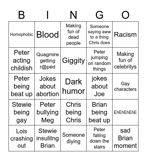 Family guy Bingo Card