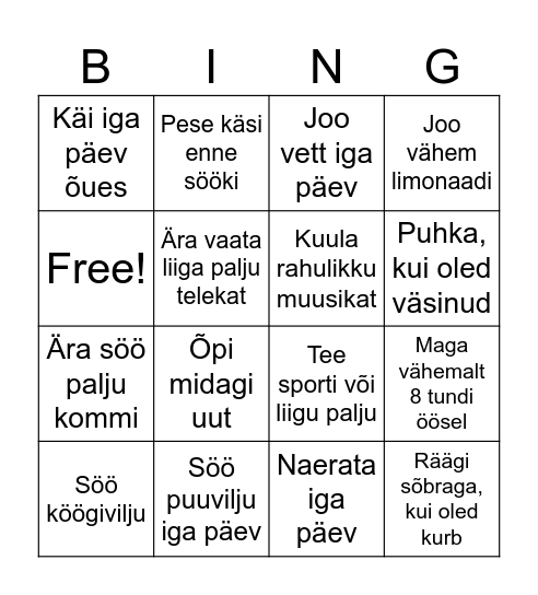 Tervislik eluviis Bingo Card