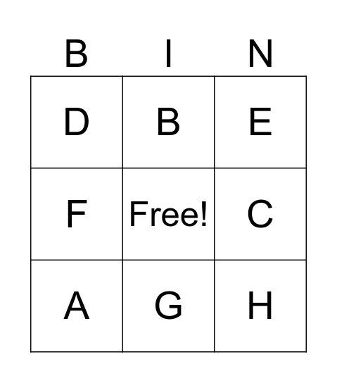 Letter A - I Bingo Card