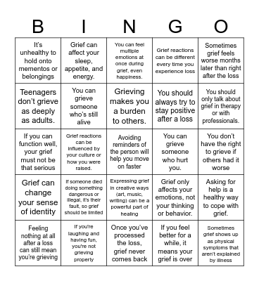 Grief Bingo: Myth Busters Edition Bingo Card