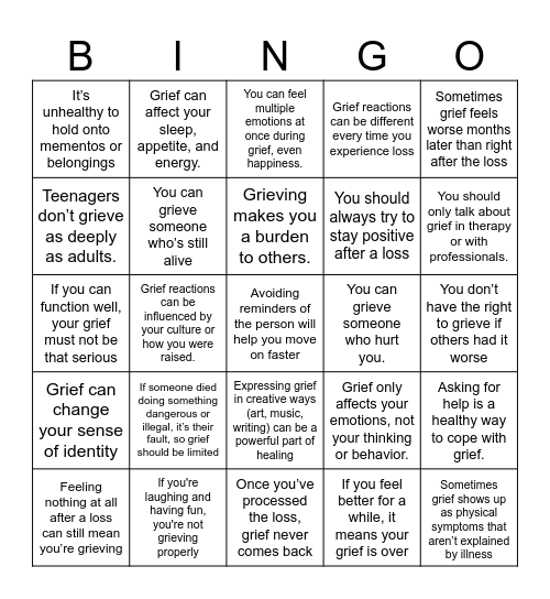 Grief Bingo: Myth Busters Edition Bingo Card