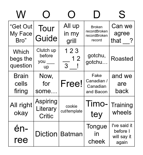 Diction in the Woods Bingo Card