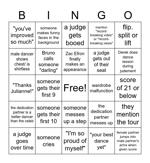 DWTS Dedication Week Bingo Card