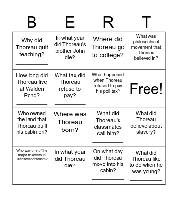 Henry David Thoreau Bingo Card