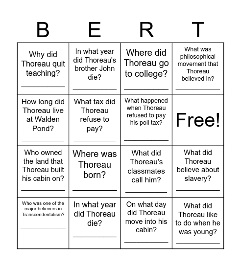 Henry David Thoreau Bingo Card