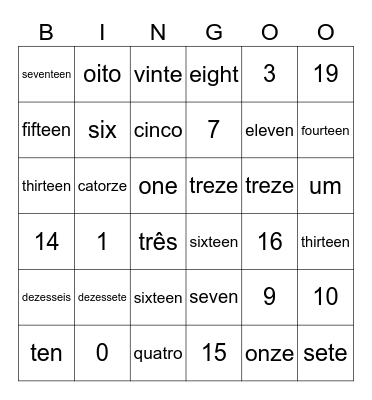 Números em Português Bingo Card