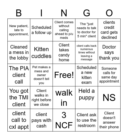 Veterinary Receptionist Bingo Card
