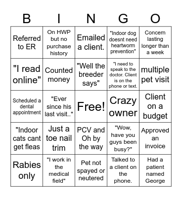 Vet Tech Bingo Card