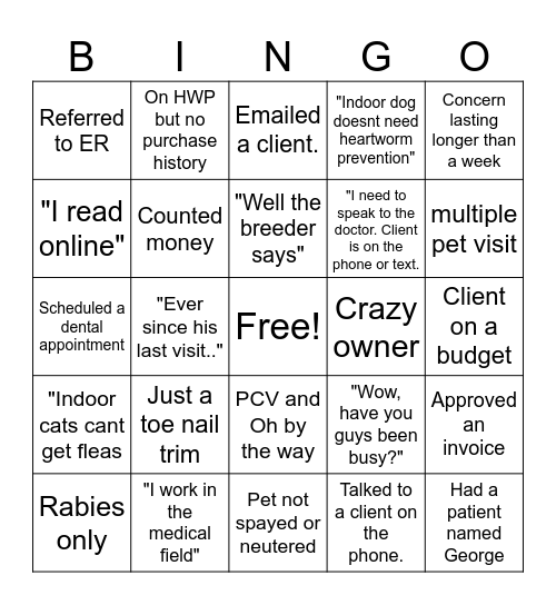 Vet Tech Bingo Card