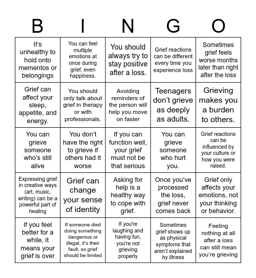 Grief Bingo: Myth Busters Edition Bingo Card