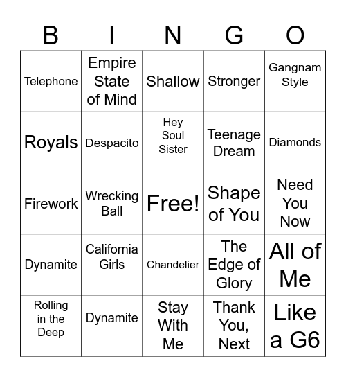 2010's Hits Bingo Card
