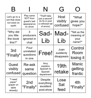 Post-Show Interview Bingo Card