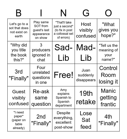 Post-Show Interview Bingo Card