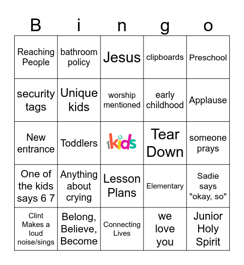 Oasis Kids Bingo Card