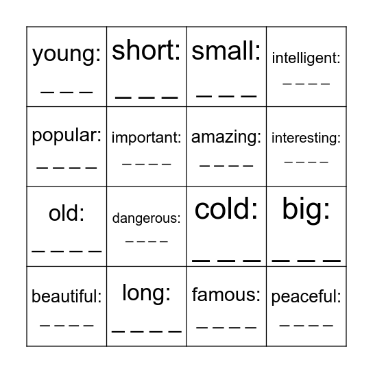 What is the superlative for...? Bingo Card