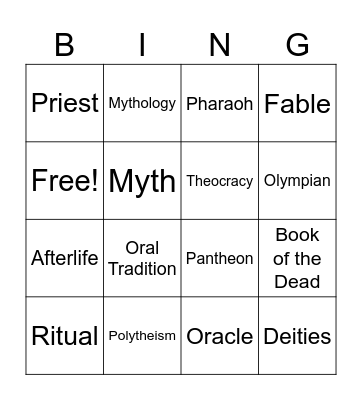 Mythology Bingo Card