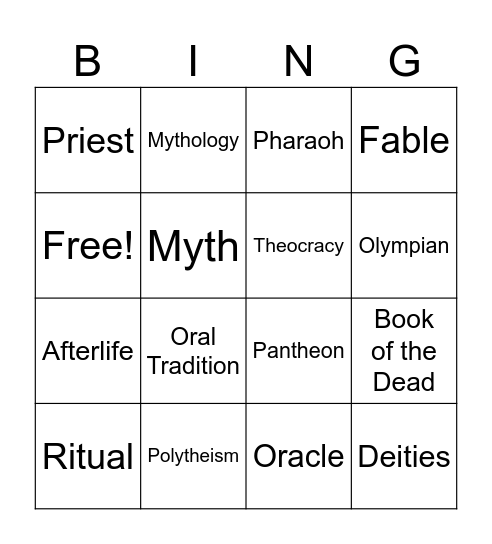 Mythology Bingo Card