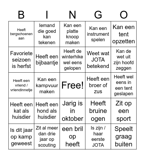 Kennismakingsspel Jota Bingo Card