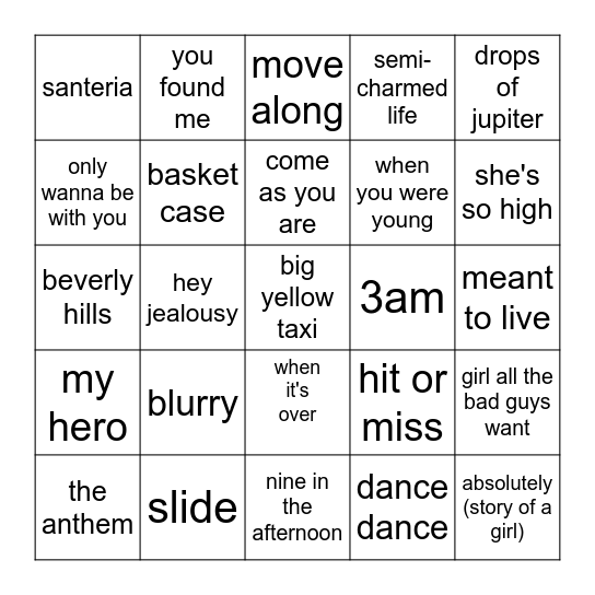 90s/2000s Alternative Radio Bingo Card