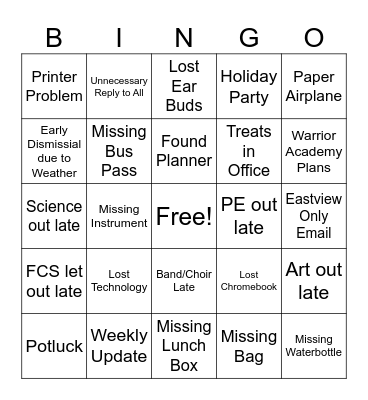 Teacher Email Bingo Card