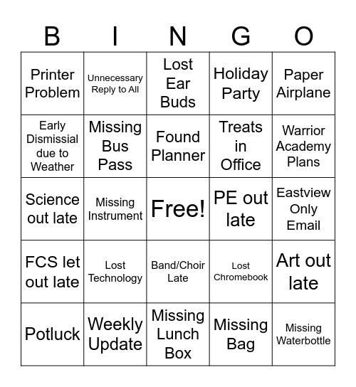 Teacher Email Bingo Card