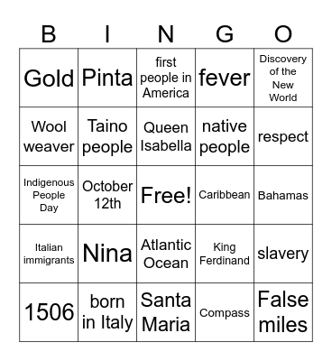 Columbus Day/Indigenous People Day Bingo Card
