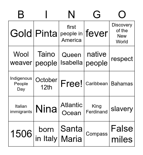 Columbus Day/Indigenous People Day Bingo Card
